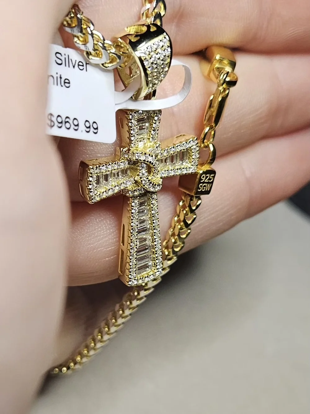 Sterling Silver 14k Gold Over Moissanite Cross Pendant And 18in Franco Chain